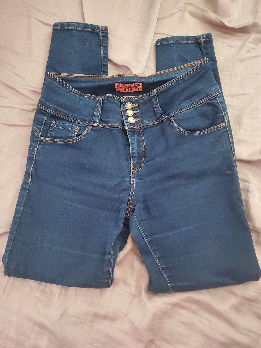 Wax Jean Dark Blue Mid-Rise Skinny with Triple Button